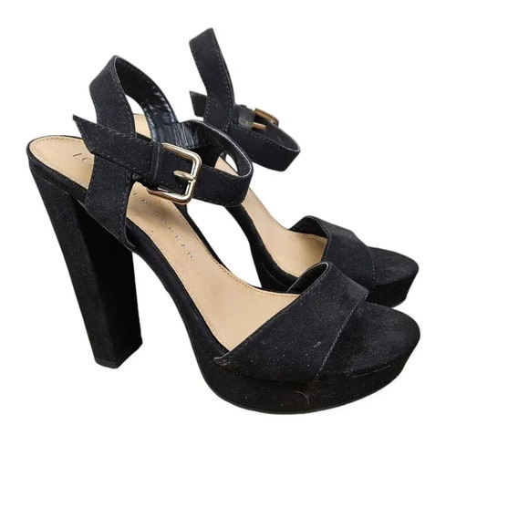 LC Lauren Conrad Black Strap Faux Suede Platform Ultra High Heels Size 7M - Picture 9 of 9